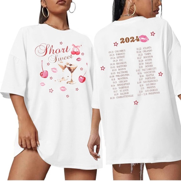Tops - New-Country Music Concert Short N' Sweet Tour Oversized Coquette Bow Graphic Tee